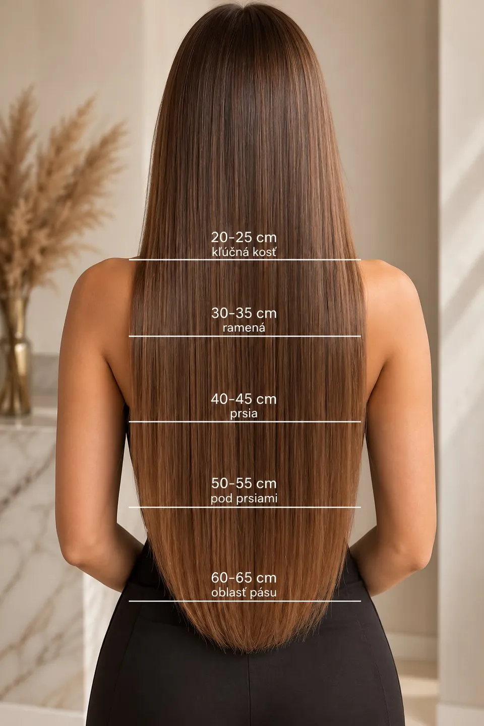 Cabello castaño largo y liso visto de espaldas con los largos marcados: 20–25 cm hasta la clavícula, 30–35 cm hasta los hombros, 40–45 cm hasta el pecho, 50–55 cm por debajo del pecho, 60–65 cm hasta la cintura.