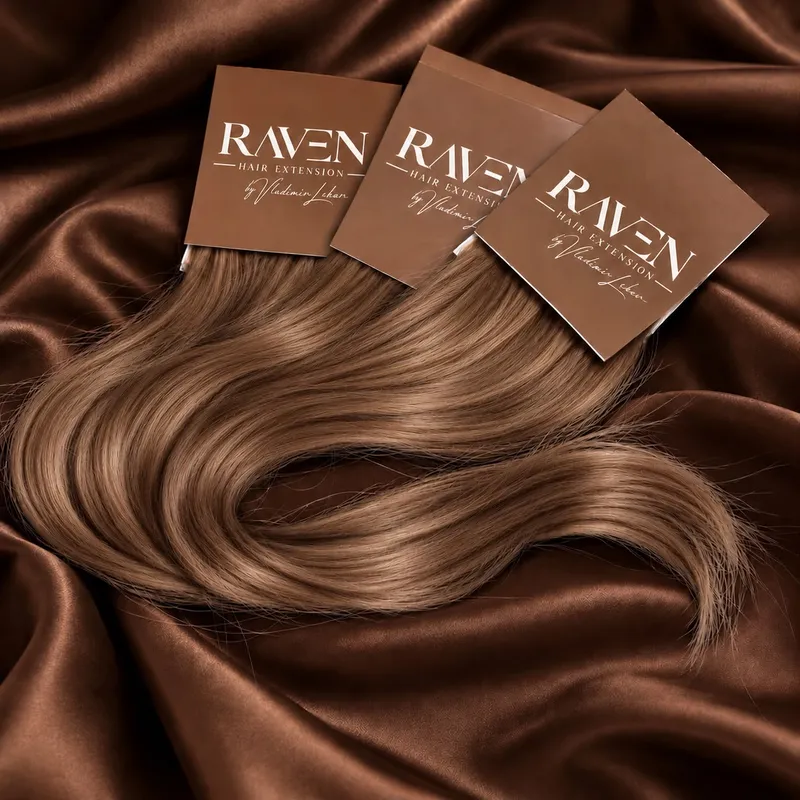 Paquetes de cabello RAVEN Hair Extension en castaño claro sobre satén marrón