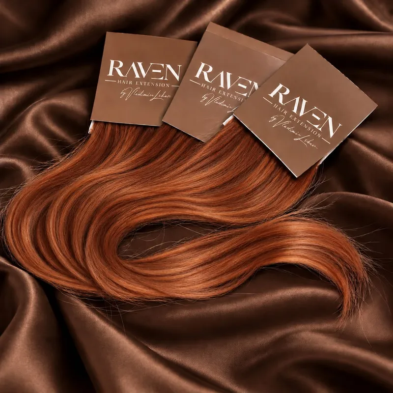 Paquetes de cabello RAVEN Hair Extension en cobrizo sobre satén marrón